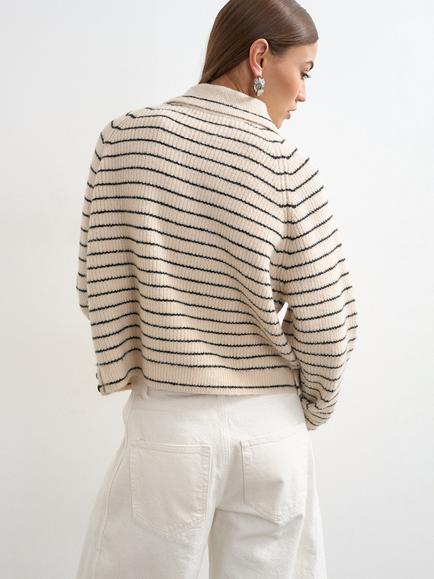 Topshop Striped Rib Knit Polo Jumper, Cream - view 2, Cream