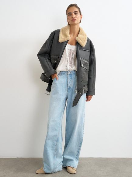 Topshop Faux Leather Aviator Jacket, Black, Black