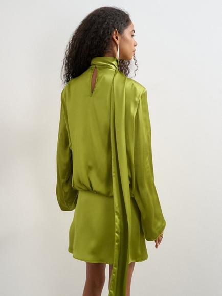 Topshop Scarf Tie Satin Mini Dress, Green - view 2, Green