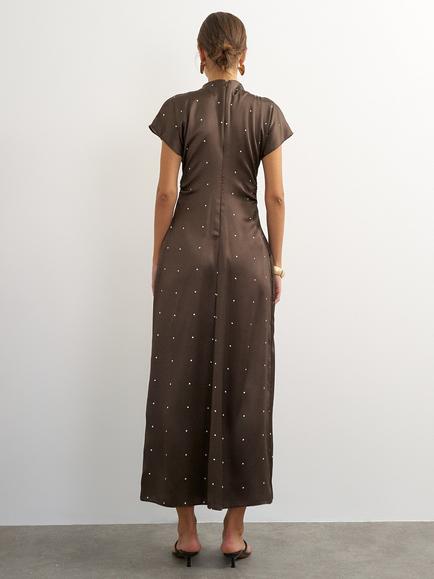 Topshop Short Sleeve Polka Dot Satin Maxi Dress, Brown/White - view 2, Brown/White