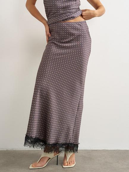 Topshop Geo Print Lace Hem Satin Maxi Skirt, Brown, Grey