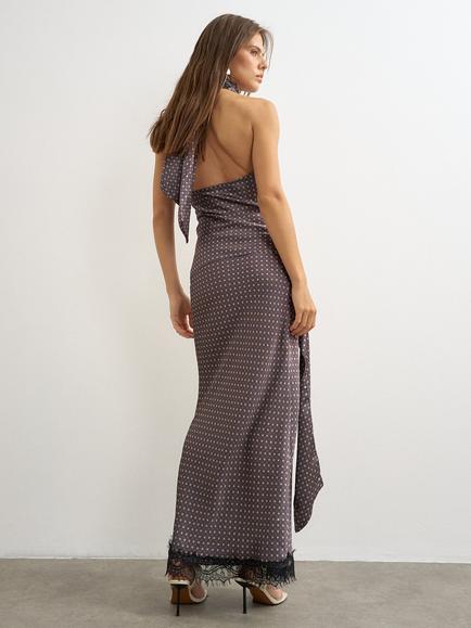 Topshop Geo Print Lace Hem Satin Maxi Skirt, Brown - view 2, Grey