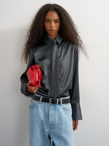 Topshop Cinched Back Pinstripe Shirt with Tie, Grey, Grey