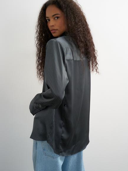 Topshop Cinched Back Pinstripe Shirt with Tie, Grey - view 2, Grey