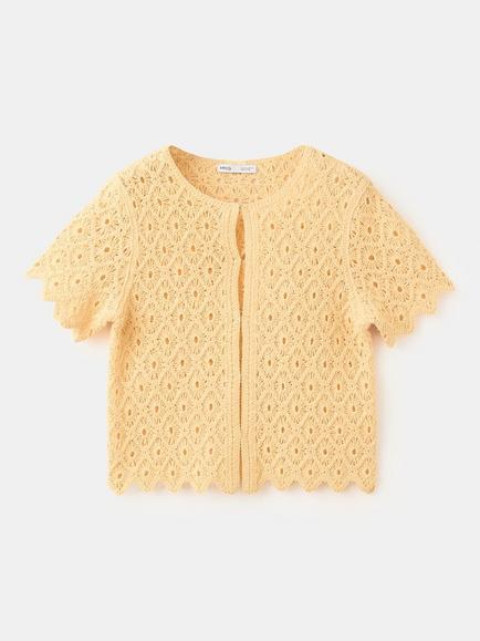 Mango Crochet Knit Short Sleeve Cardigan, Pastel Yellow, Pastel Yellow