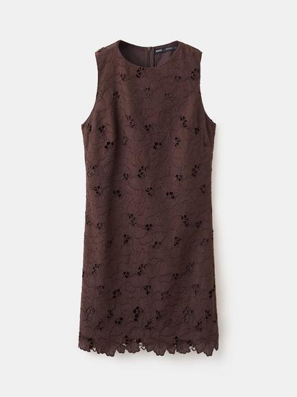 Mango Floral Embroidered Shift Mini Dress, Brown, Brown