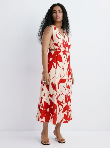 Mango Floral Cut Out Flared Midi Dress, Red, Red