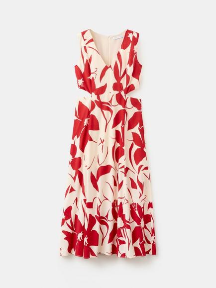 Mango Floral Cut Out Flared Midi Dress, Red - view 2, Red