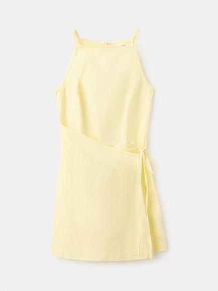 Mango Cotton Wrap Detail Mini Dress, Pastel Yellow, Pastel Yellow