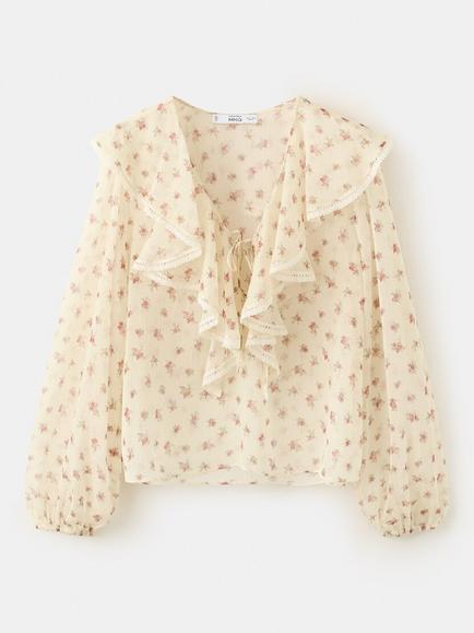 Mango Floral Tie Neck Blouse, Yellow, Yellow
