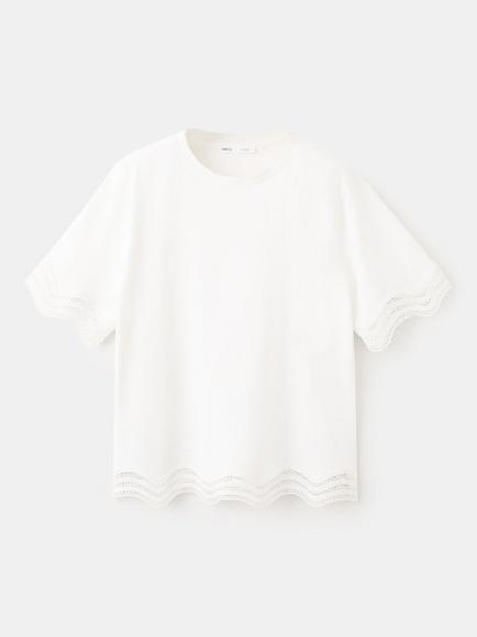 Mango Scallop Embroidered Edge Crew Neck T-Shirt, White, White