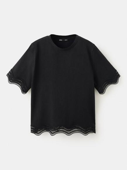 Mango Scalloped Hem Short Sleeve T-Shirt, Black, Black