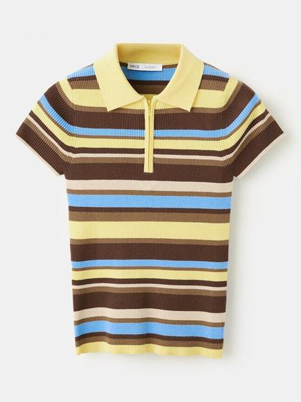 Mango Ribbed Zip Neck Polo Knit Top, Pastel Yellow, Pastel Yellow