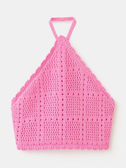 Mango Kids' Crochet Halterneck Crop Top, Fuchsia, Fuchsia