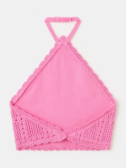Mango Kids' Crochet Halterneck Crop Top, Fuchsia - view 2, Fuchsia