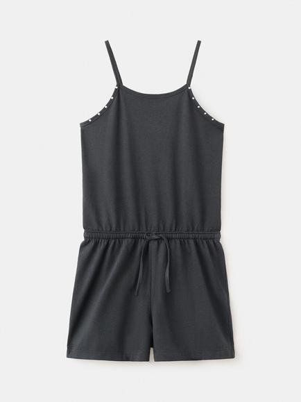 Mango Kids' Stud Detail Cotton Playsuit, Anthracite, Anthracite