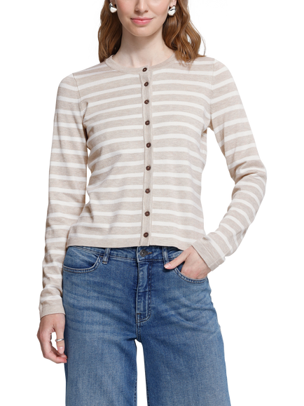 ICHI Ihluls Striped Button-Front Cardigan, Oatmeal/White, Oatmeal/White