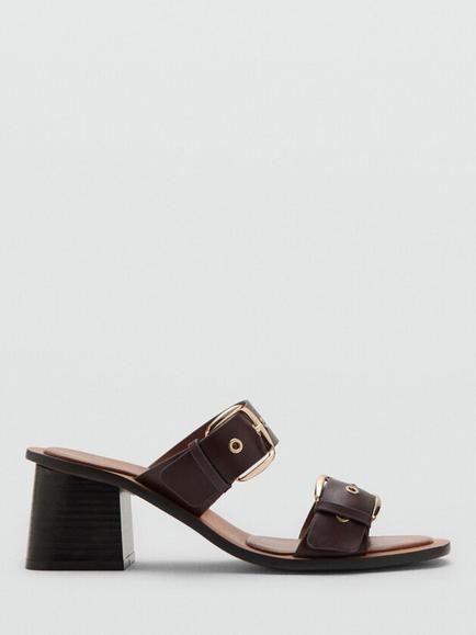 Mango Leather Block Heel Buckle Slider Sandals, Brown, Brown