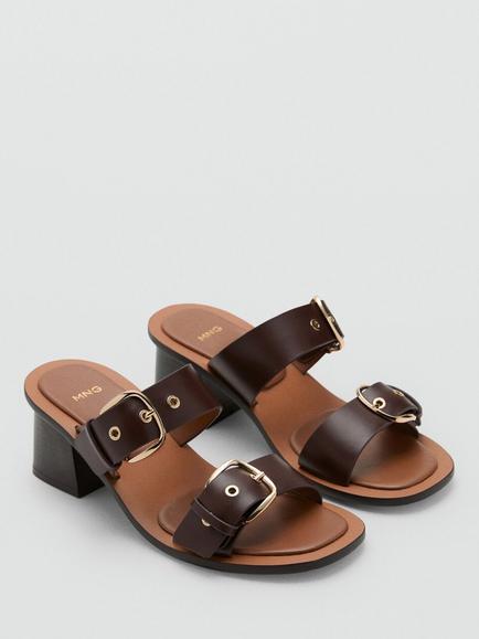 Mango Leather Block Heel Buckle Slider Sandals, Brown - view 2, Brown