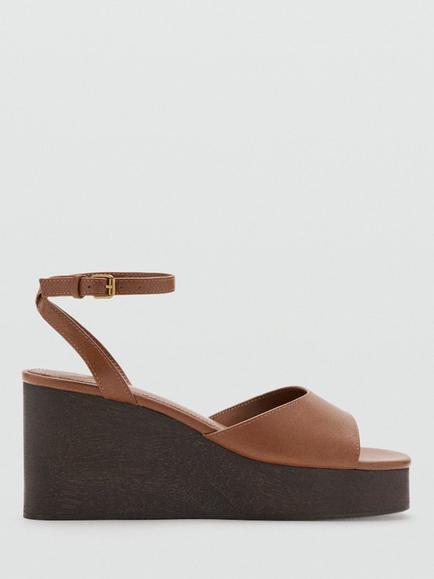 Mango Leather Ankle Strap Wedge Sandals, Tan, Tan