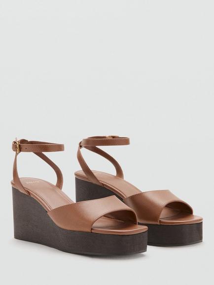 Mango Leather Ankle Strap Wedge Sandals, Tan - view 2, Tan