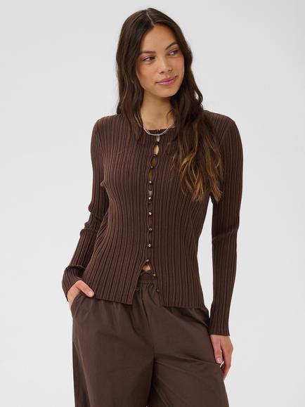 Saint Tropez Sigridasz Fitted Long Sleeve Cardigan containing LENZING™ ECOVERO™ Viscose, Chocolate Brown
