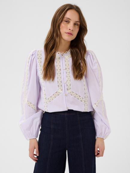 Saint Tropez Simenasz Lace Trim Mandarin Collar Shirt, Misty Lilac, Misty Lilac