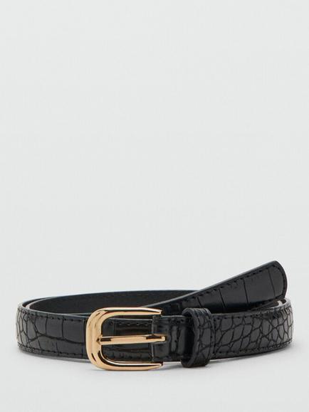 Mango Curved Buckle Croc Effect Belt, Black, Black