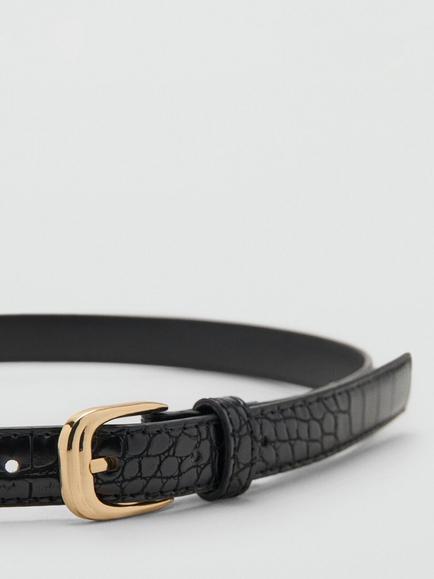 Mango Curved Buckle Croc Effect Belt, Black - view 2, Black