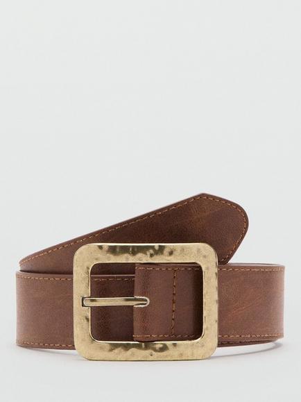 Mango Square Hammered Buckle Belt, Brown, Brown