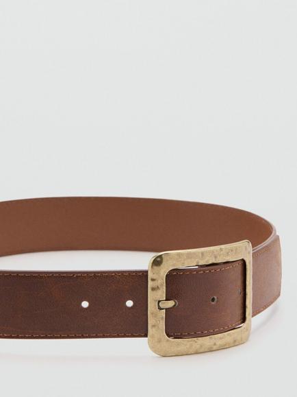 Mango Square Hammered Buckle Belt, Brown - view 2, Brown