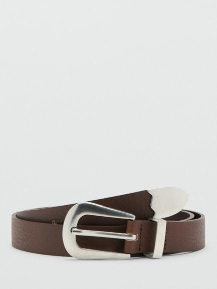 Mango Slim Buckle Leather Belt, Chocolate