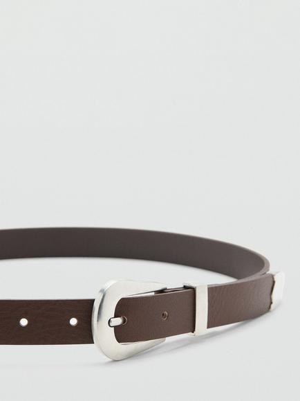 Mango Slim Buckle Leather Belt - view 2, Chocolate