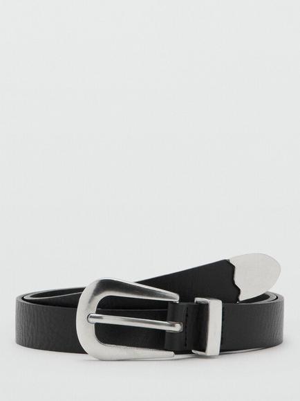 Mango Slim Buckle Leather Belt, Black