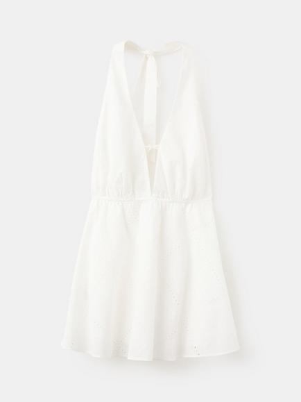 Mango Embroidered Halterneck Fit and Flare Mini Dress, White, White