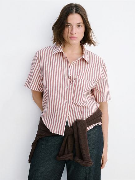 Mango Cotton Rich Stripe Short Sleeve Top, Garnet, Garnet