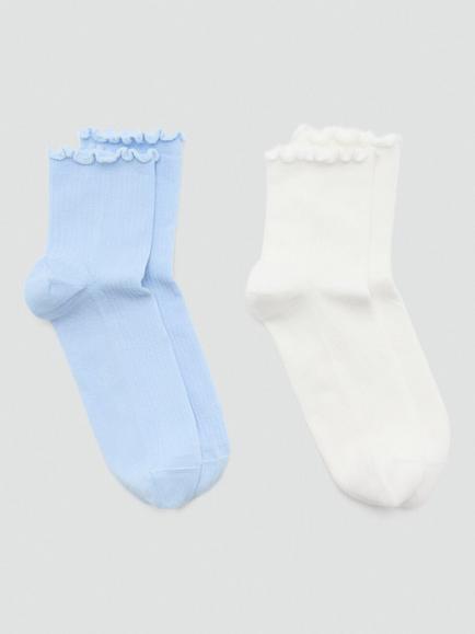 Mango Ribbed Cotton Ankle Socks, Set of 2, Sky Blue, One Size, Sky Blue