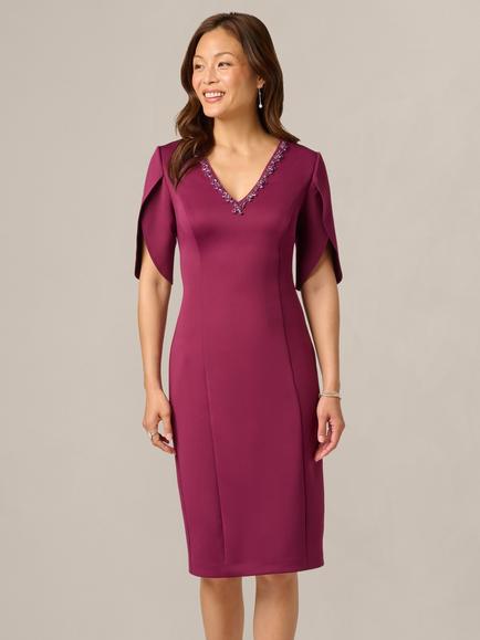 Adrianna Papell Beaded Scuba Knee Length Sheath Dress, Cabernet, Cabernet