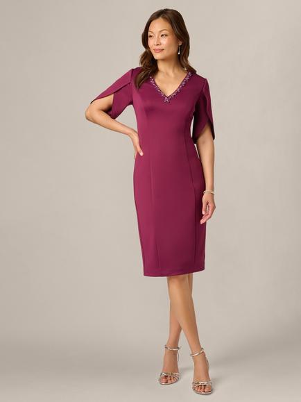 Adrianna Papell Beaded Scuba Knee Length Sheath Dress, Cabernet - view 2, Cabernet