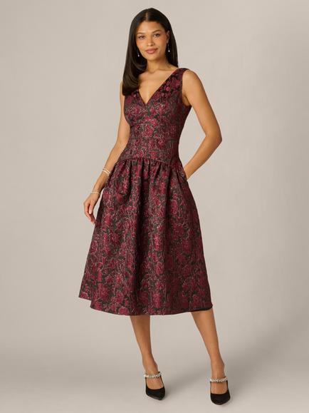 Adrianna Papell Floral Jacquard Midi Dress, Burgundy, Burgundy