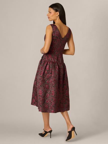Adrianna Papell Floral Jacquard Midi Dress, Burgundy - view 2, Burgundy