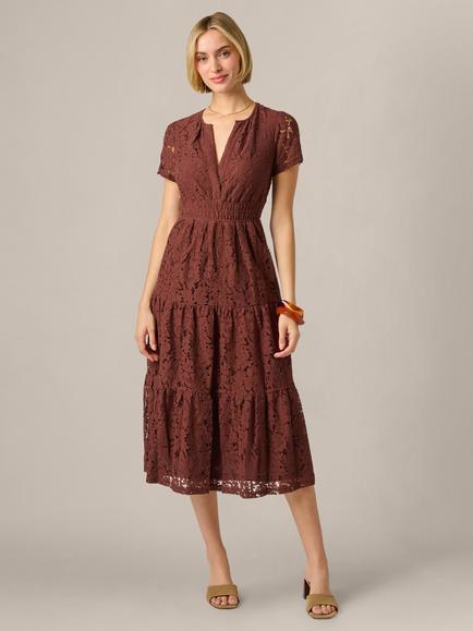 Adrianna Papell Lace Tiered Midi Dress, Chocolate, Chocolate