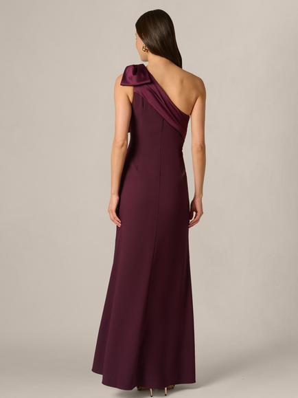 Adrianna Papell One Shoulder Satin Crepe Maxi Dress, Bordeaux Glow - view 2, Bordeaux Glow