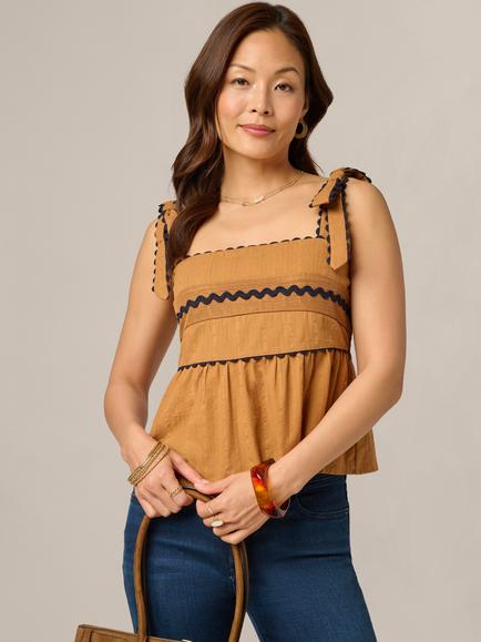 Adrianna Papell Babydoll Tie Shoulder Woven Tank Top, Camel/Blue Moon, Camel/Blue Moon