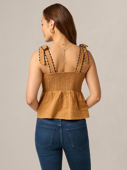Adrianna Papell Babydoll Tie Shoulder Woven Tank Top, Camel/Blue Moon - view 2, Camel/Blue Moon
