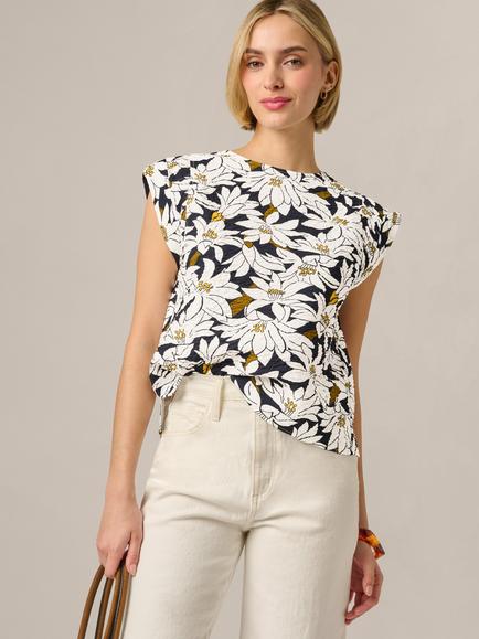 Adrianna Papell Extended Sleeve Top, Navy/Ivory Lily, Navy/Ivory Lily