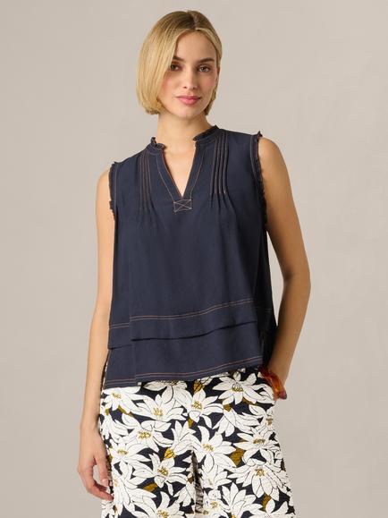 Adrianna Papell Sleeveless Mandarin Collar V-Placket Contrast Stitch Tank Top, Navy/Khaki, Navy/Khaki
