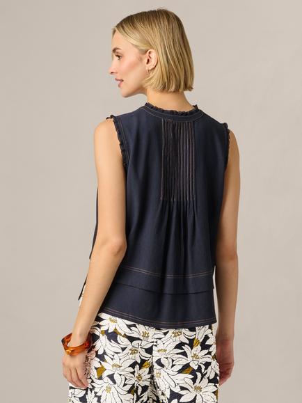 Adrianna Papell Sleeveless Mandarin Collar V-Placket Contrast Stitch Tank Top, Navy/Khaki - view 2, Navy/Khaki