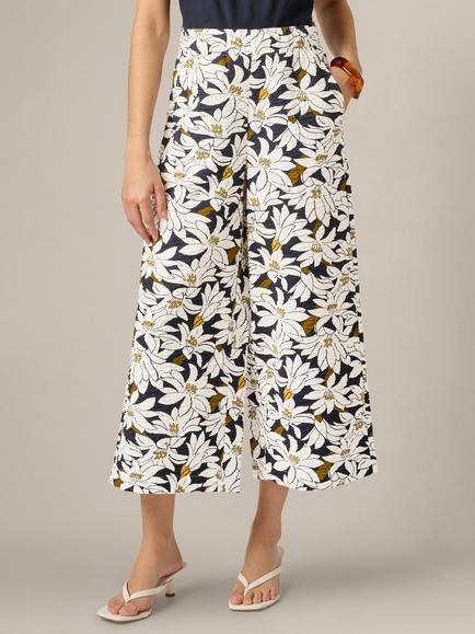 Adrianna Papell Crinkle Woven Wide Leg Trousers, Navy/Ivory Lily, Navy/Ivory Lily