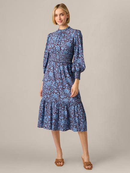 Adrianna Papell Floral Print Smocked Dress, Brown/Blue, Brown/Blue